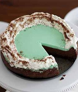 double chocolate mint cheesecake on stand
