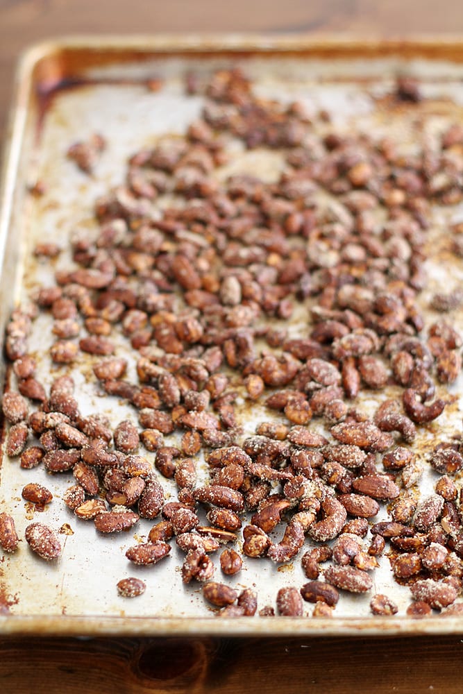 Moroccan spiced nuts on baking sheet