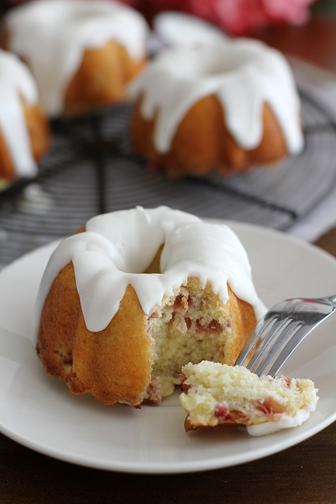 mini lemon rhubarb bundt cake on plate