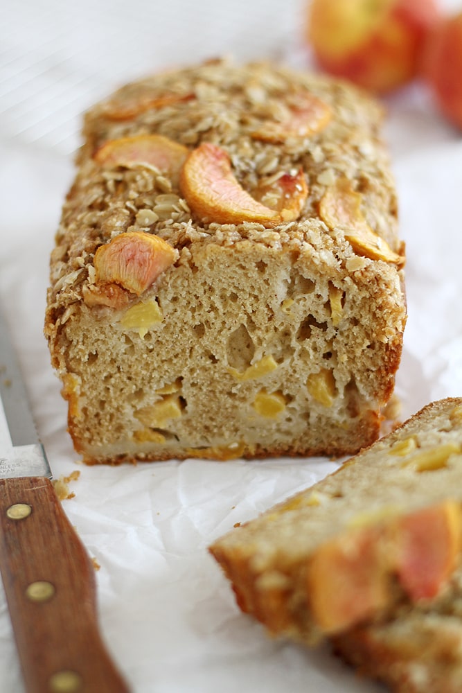peaches and cream streusel bread on table