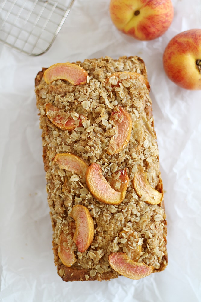 peaches and cream streusel bread on a table