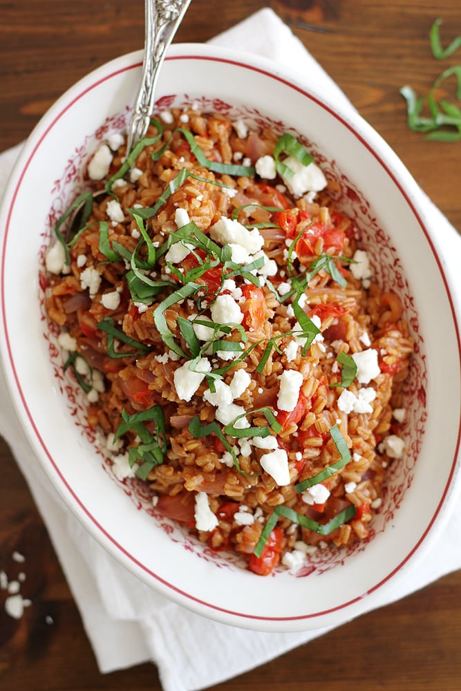 farro with tomatoes and feta in serving dish