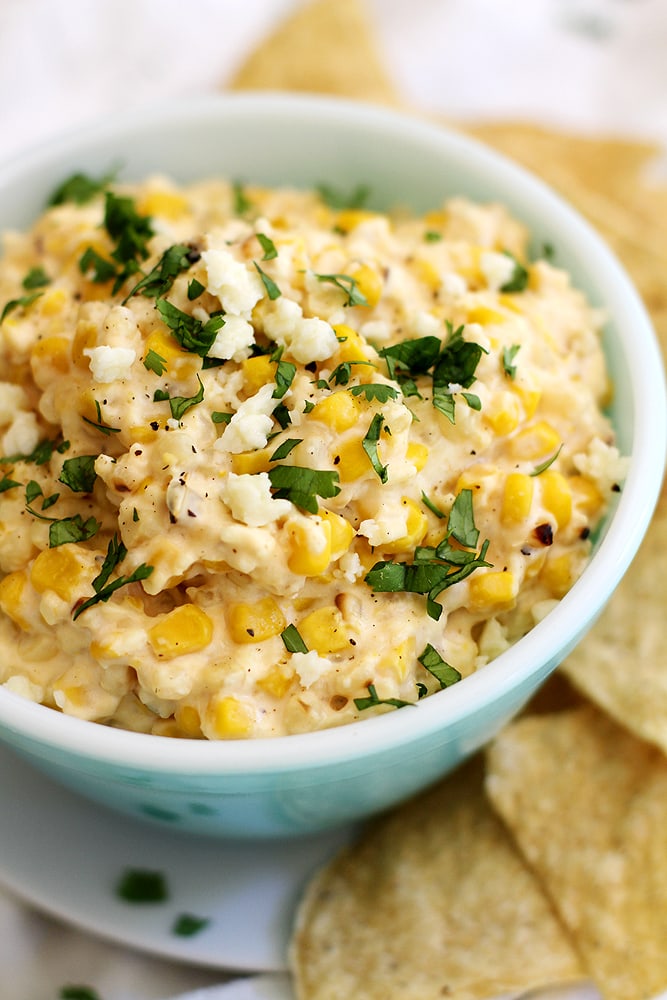 slow cooker Mexican grilled corn dip in bowl