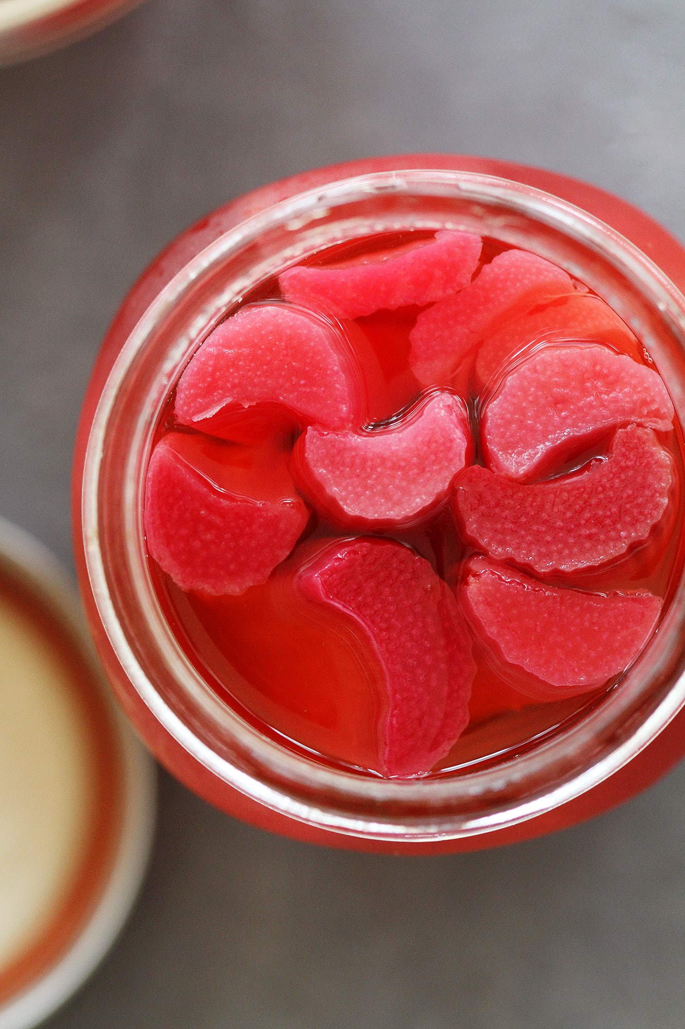 close up easy pickled rhubarb in a glass jar