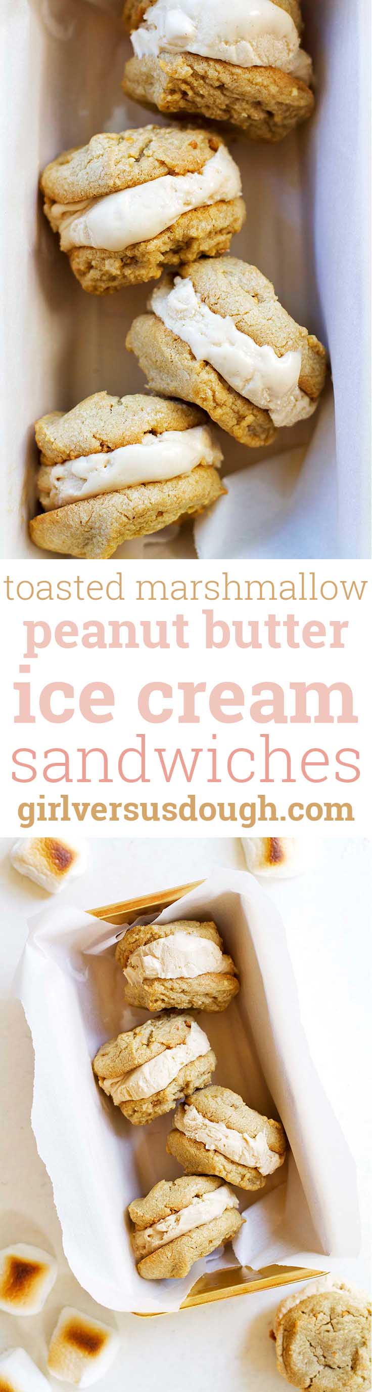 Toasted Marshmallow Peanut Butter Ice Cream Sandwiches -- Homemade toasted marshmallow peanut butter ice cream and soft peanut butter cookies sandwiched into one delicious treat. girlversusdough.com @girlversusdough