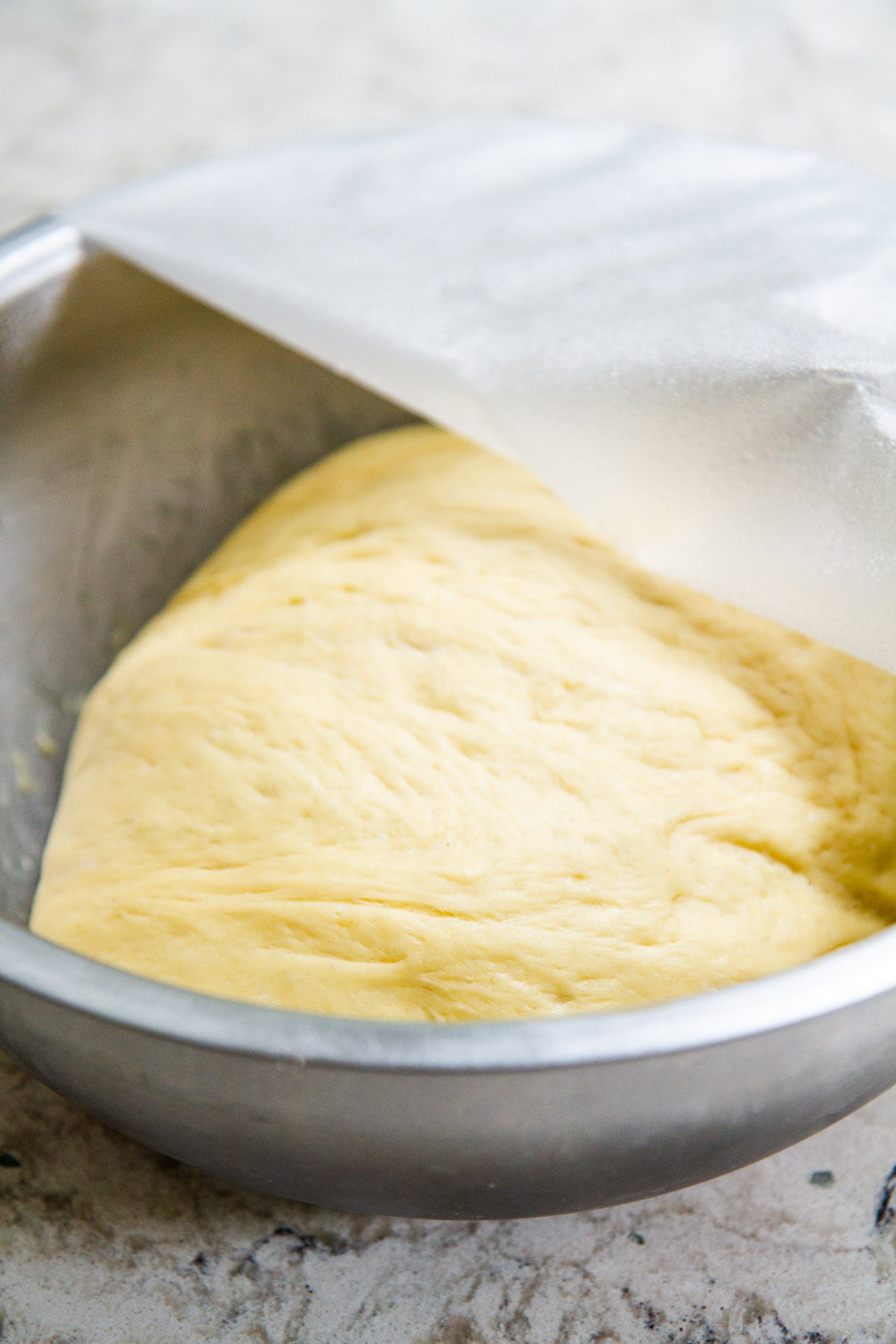 classic brioche loaf bread dough in bowl