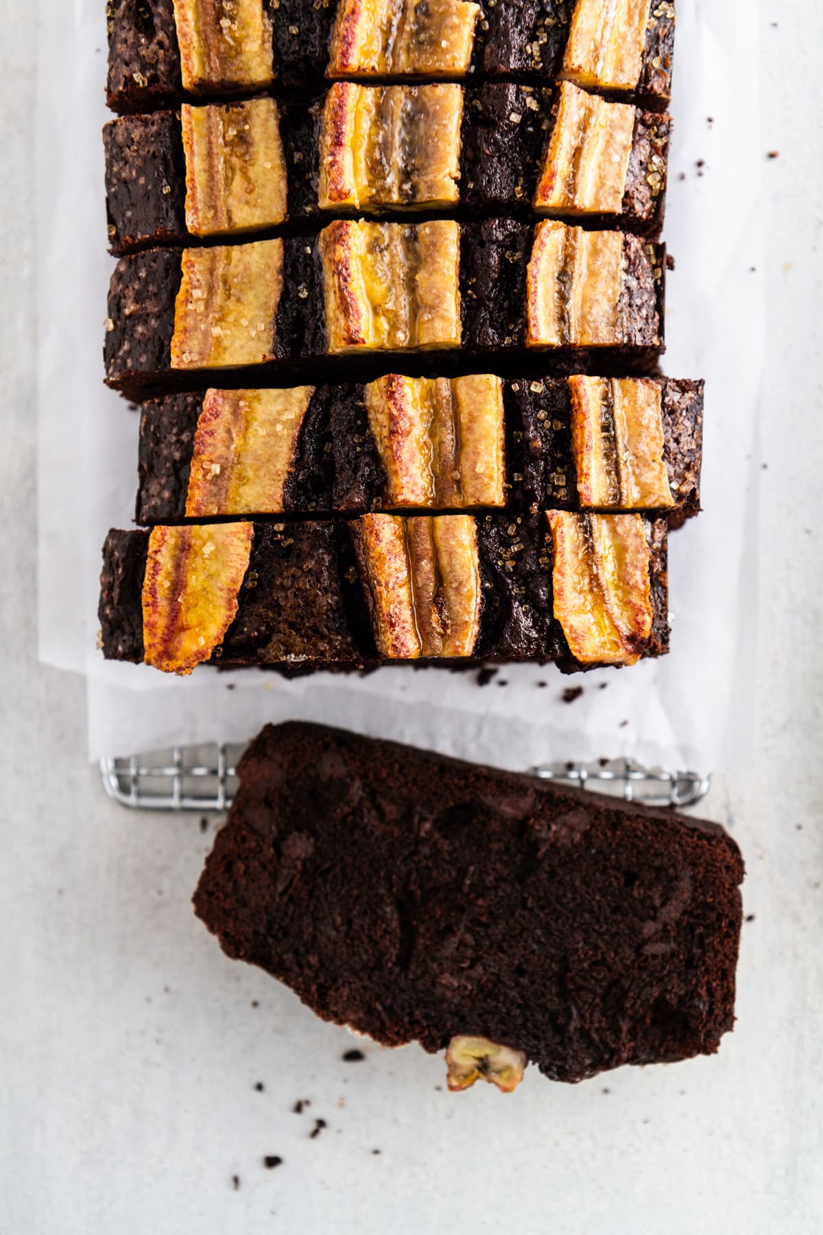 a slice of chocolate banana bread on its side