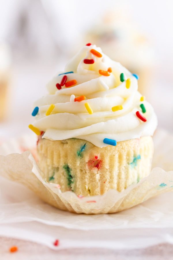 close-up of a funfetti cupcake