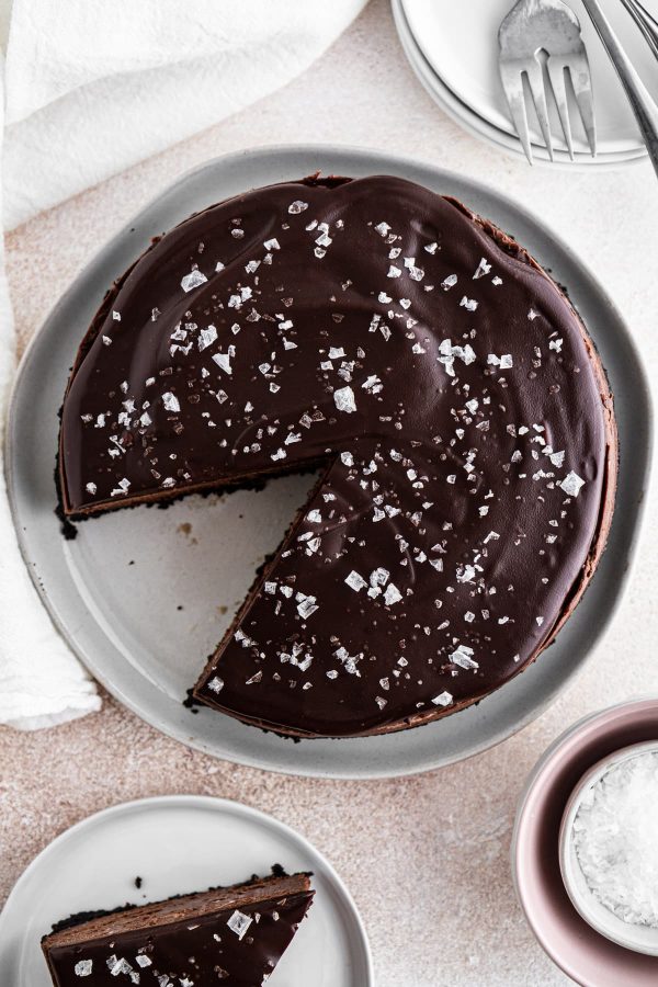 overhead shot of instant pot chocolate cheesecake on a plate