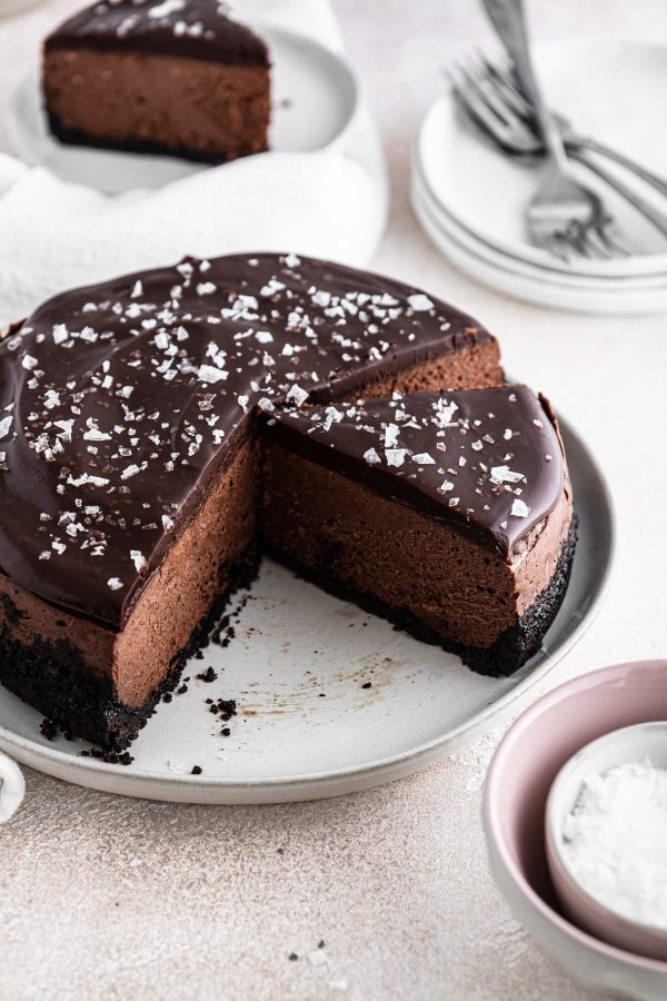 sliced instant pot chocolate cheesecake on a plate