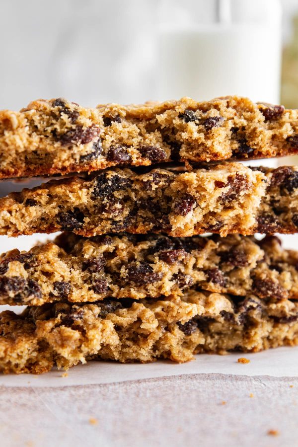 close-up of giant oatmeal-raisin cookies broken in half