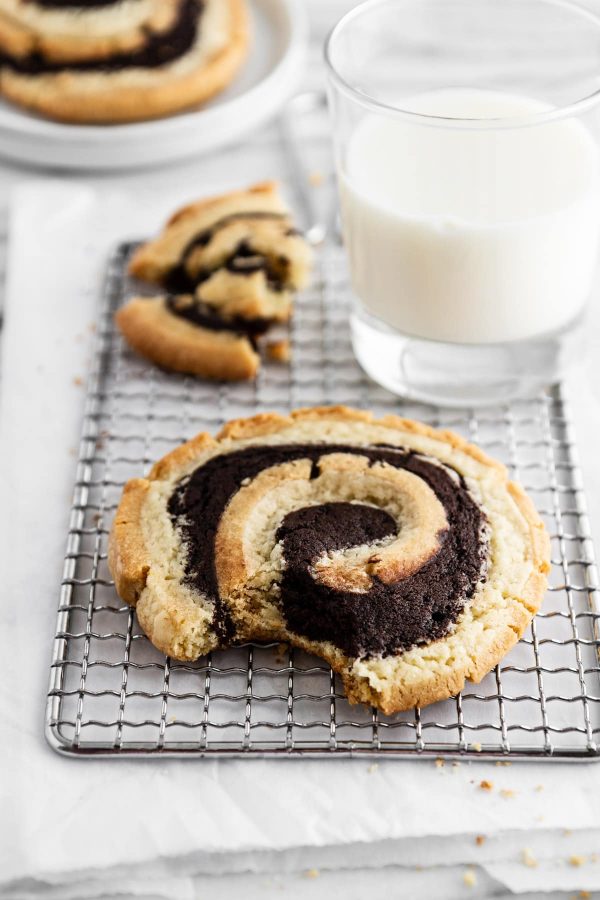peanut butter brownie swirl cookies on a cooling rack