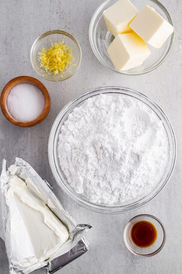 ingredients for cream cheese frosting flatlay