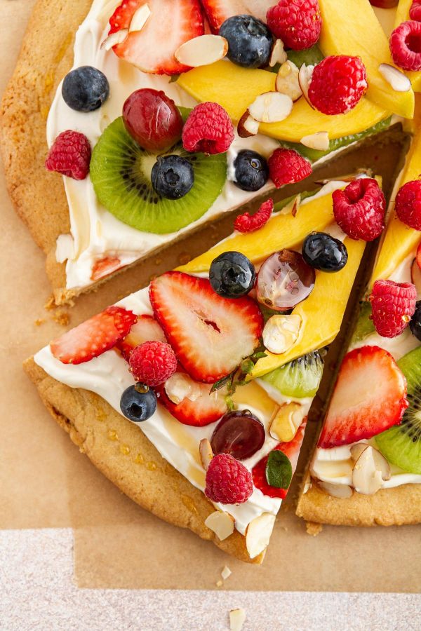 overhead shot of a slice of fruit pizza