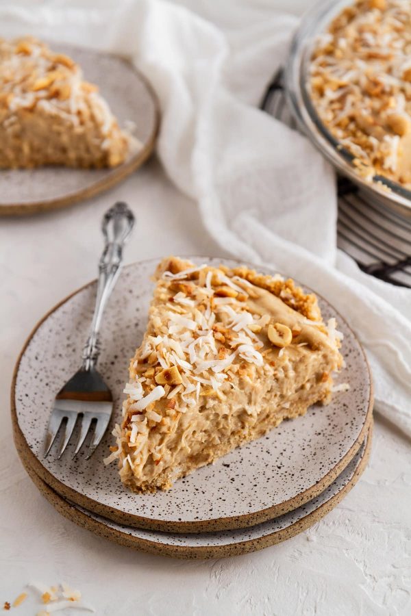 slice of coconut peanut butter pie on a plate