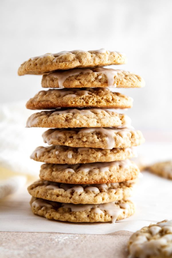 stack of iced pumpkin spice oatmeal cookies