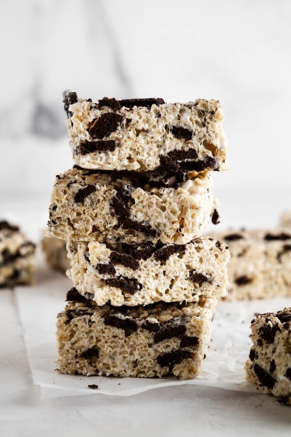 brown butter oreo rice krispie treats stacked on top of each other