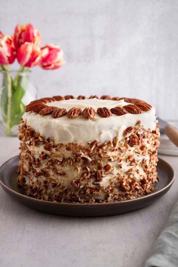 whole hummingbird cake on a serving plate