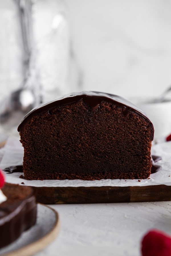 inside of chocolate pound cake on a cutting board