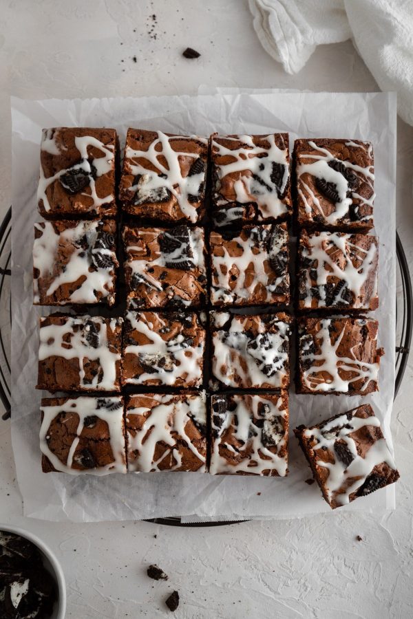 cut-up brownies on a cooling rack