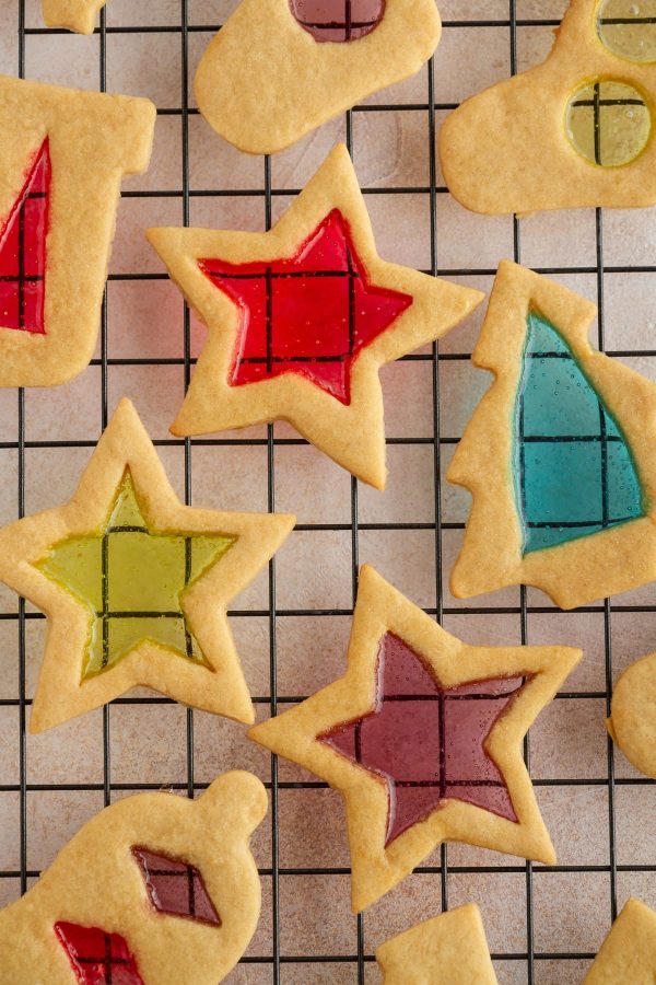 stained glass window cookies on a cooling rack