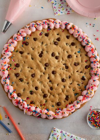 overhead shot of chocolate chip cookie cake